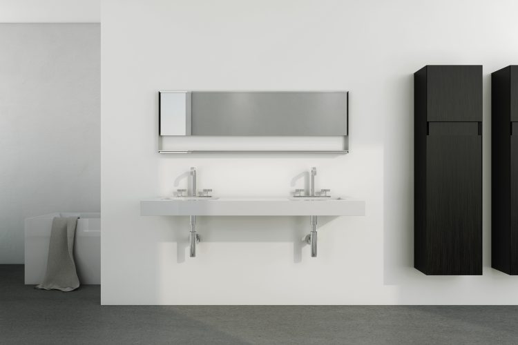floating-sink-bracket Floating Sinks that are eco friendly, with dual faucets.