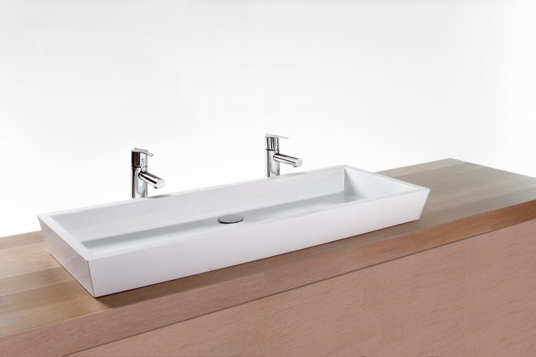 VC842A Vessel Sink, white finish, large rectangle, eco friendly, double faucet.